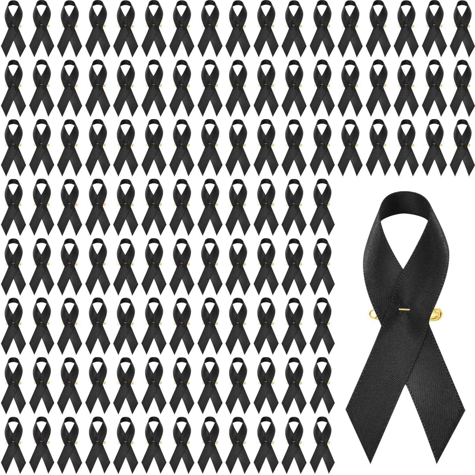 200 PCS Black Ribbon with Safty Pins for Black Ribbon Day